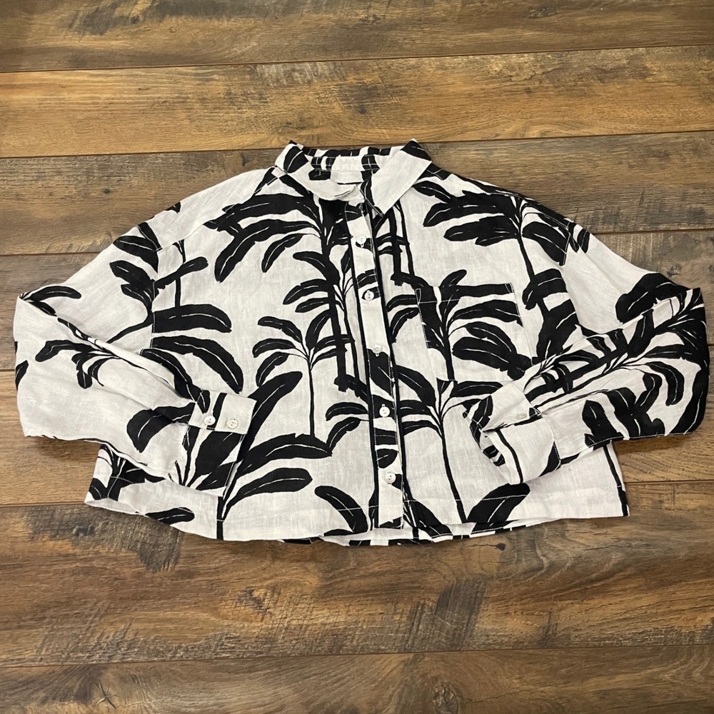 Tahari 100% Linen Black White Tropical Palm Leaf Print Button Down Shirt Medium